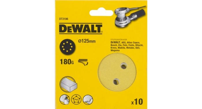 DeWalt DT3106 Schuurschijf - K180 - 125mm (10st) - DT3106-QZ 1 DeWalt DT3106 Schuurschijf - K180 - 125mm (10st) - DT3106-QZ